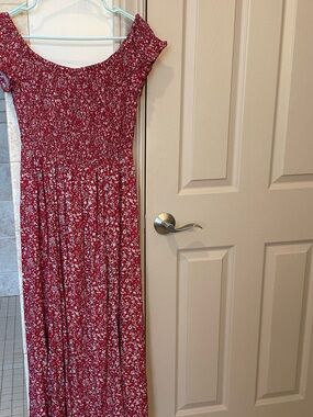 Red Floral Maxi Dress - Off-Shoulder Smocked Bodice